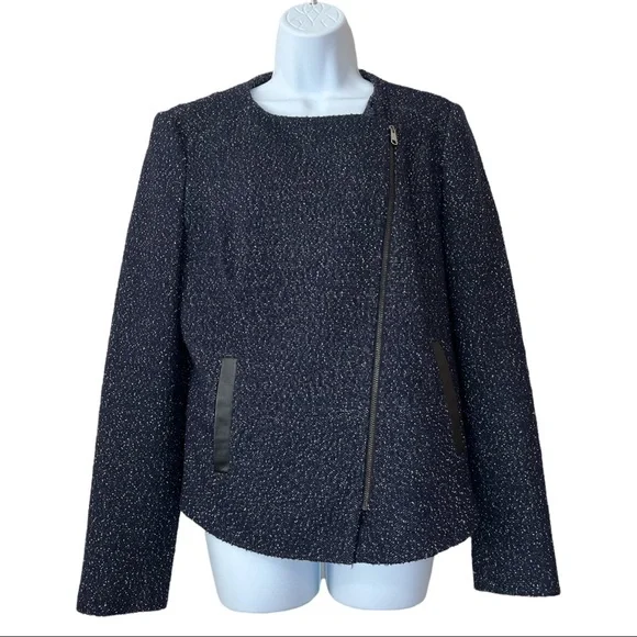 Hugo Boss Klera Tweed Wool Blue Asymmetrical Blazer Coat - Picture 3 of 9